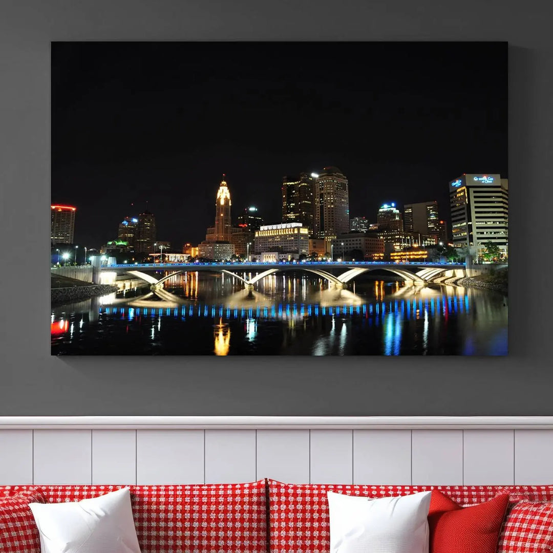 The "Columbus City Lights Night Skyline Cityscape View Wall Art Canvas Print" adorns the living room wall. This artwork, with its vibrant depiction of a night view, is gallery wrapped on museum-quality canvas, enhancing the room's elegance.