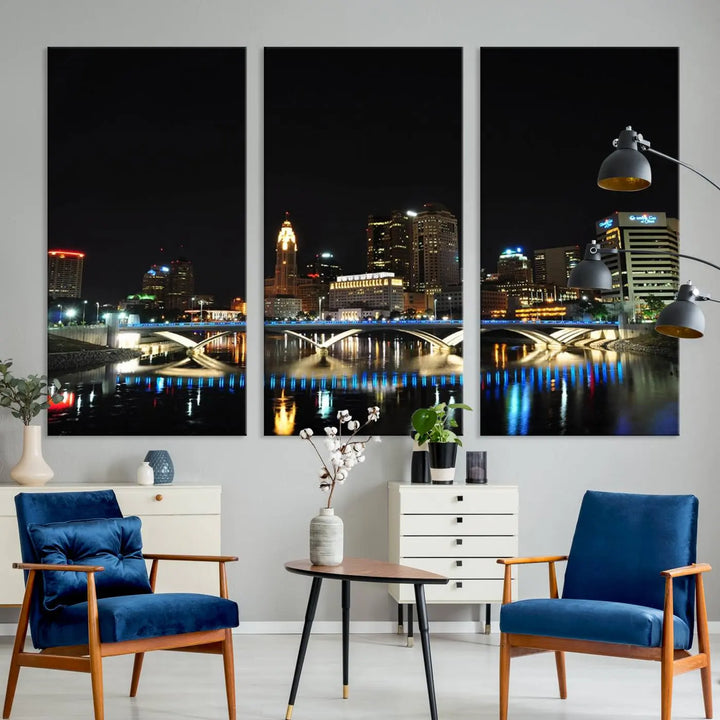 The "Columbus City Lights Night Skyline Cityscape View Wall Art Canvas Print" adorns the living room wall. This artwork, with its vibrant depiction of a night view, is gallery wrapped on museum-quality canvas, enhancing the room's elegance.