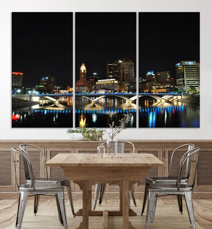 The "Columbus City Lights Night Skyline Cityscape View Wall Art Canvas Print" adorns the living room wall. This artwork, with its vibrant depiction of a night view, is gallery wrapped on museum-quality canvas, enhancing the room's elegance.