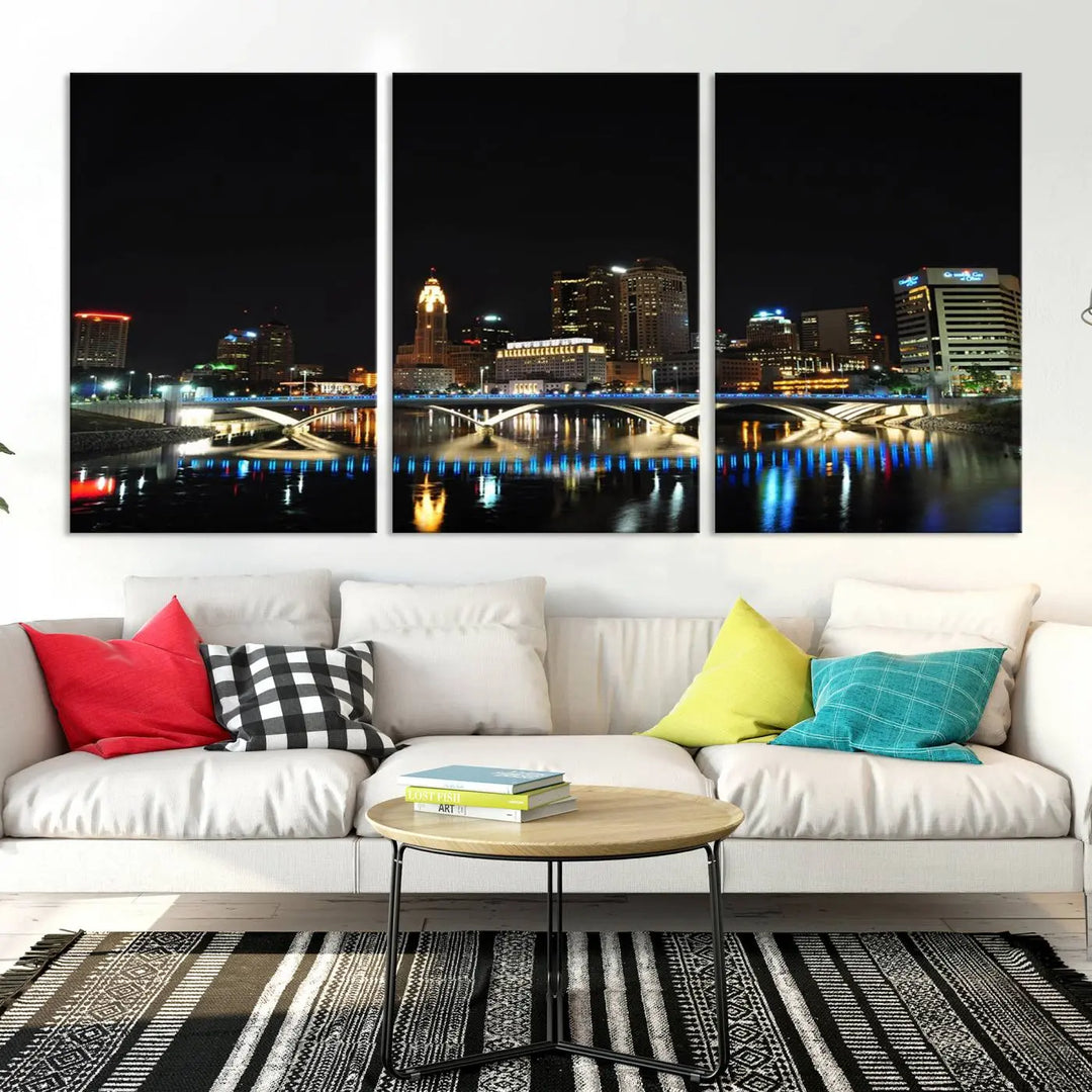 The "Columbus City Lights Night Skyline Cityscape View Wall Art Canvas Print" adorns the living room wall. This artwork, with its vibrant depiction of a night view, is gallery wrapped on museum-quality canvas, enhancing the room's elegance.