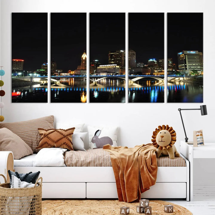 The "Columbus City Lights Night Skyline Cityscape View Wall Art Canvas Print" adorns the living room wall. This artwork, with its vibrant depiction of a night view, is gallery wrapped on museum-quality canvas, enhancing the room's elegance.