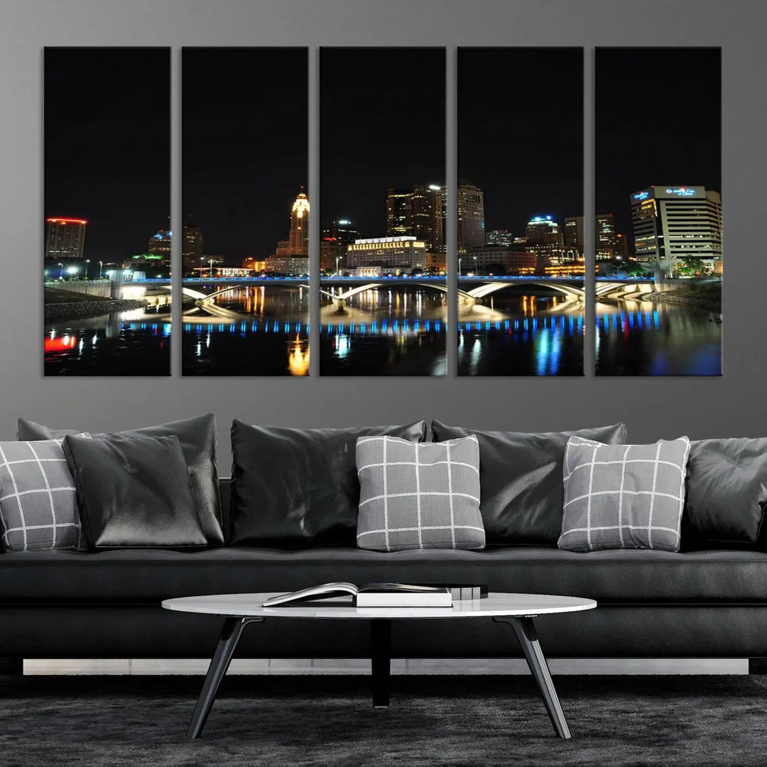 The "Columbus City Lights Night Skyline Cityscape View Wall Art Canvas Print" adorns the living room wall. This artwork, with its vibrant depiction of a night view, is gallery wrapped on museum-quality canvas, enhancing the room's elegance.