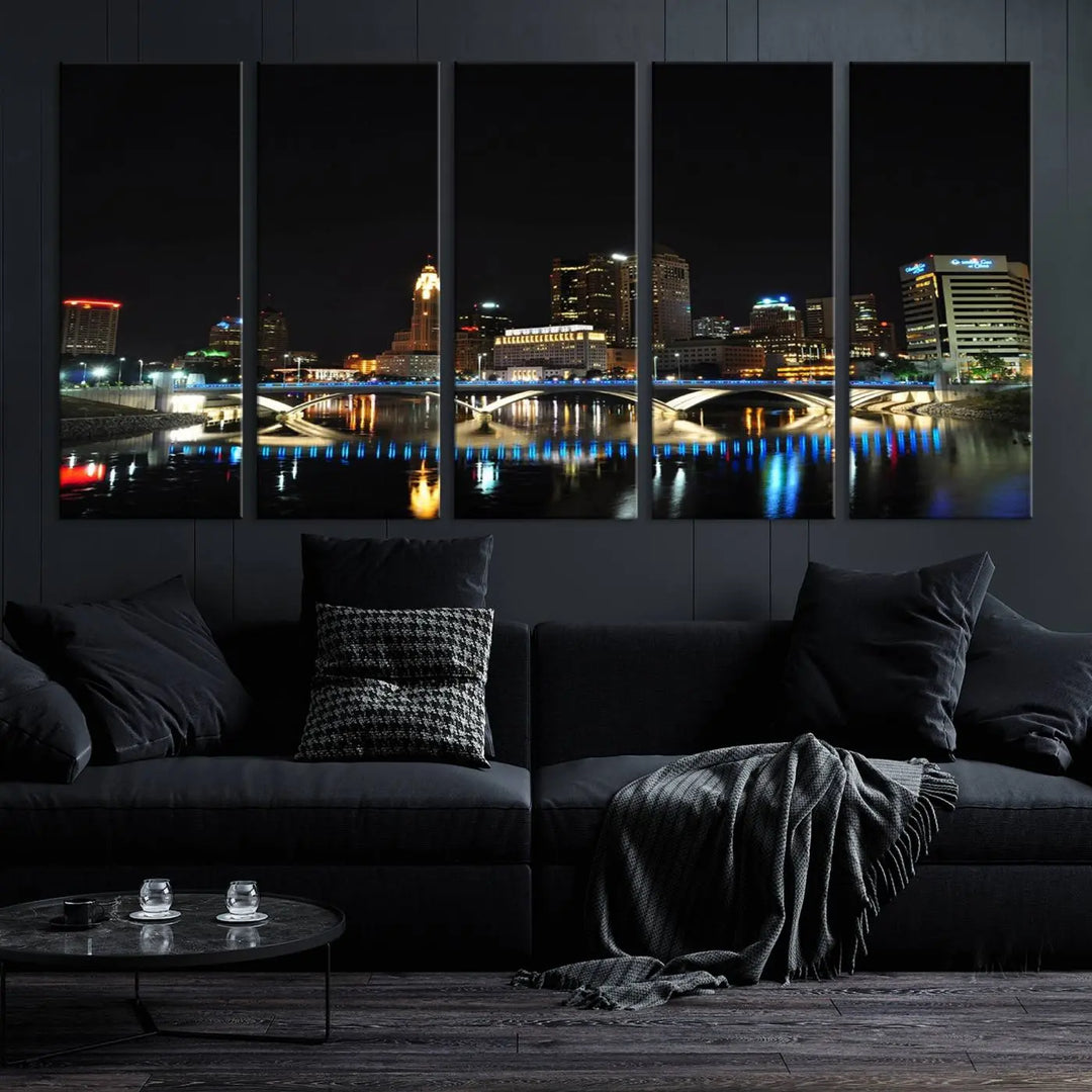 The "Columbus City Lights Night Skyline Cityscape View Wall Art Canvas Print" adorns the living room wall. This artwork, with its vibrant depiction of a night view, is gallery wrapped on museum-quality canvas, enhancing the room's elegance.