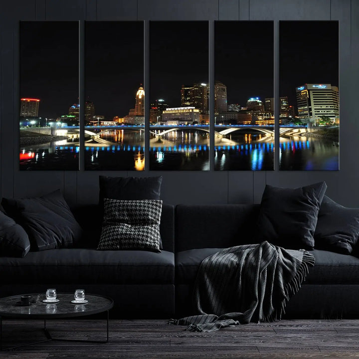 The "Columbus City Lights Night Skyline Cityscape View Wall Art Canvas Print" adorns the living room wall. This artwork, with its vibrant depiction of a night view, is gallery wrapped on museum-quality canvas, enhancing the room's elegance.