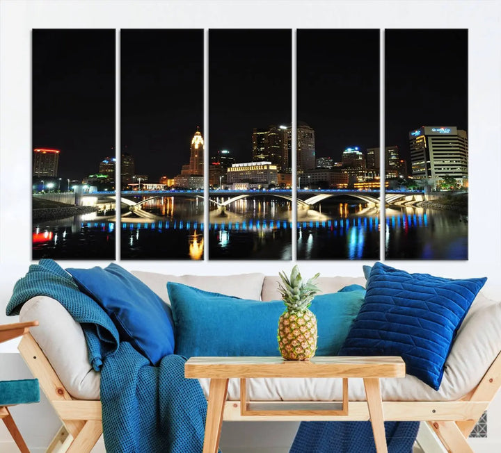 The "Columbus City Lights Night Skyline Cityscape View Wall Art Canvas Print" adorns the living room wall. This artwork, with its vibrant depiction of a night view, is gallery wrapped on museum-quality canvas, enhancing the room's elegance.