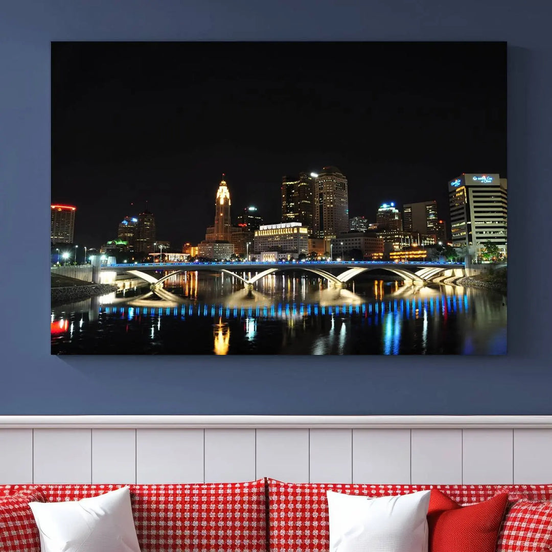 The "Columbus City Lights Night Skyline Cityscape View Wall Art Canvas Print" elegantly decorates the area, presented on museum-quality canvases that feature UV-protective coating to maintain their vibrant appearance.