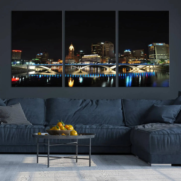 The "Columbus City Lights Night Skyline Cityscape View Wall Art Canvas Print" elegantly decorates the area, presented on museum-quality canvases that feature UV-protective coating to maintain their vibrant appearance.