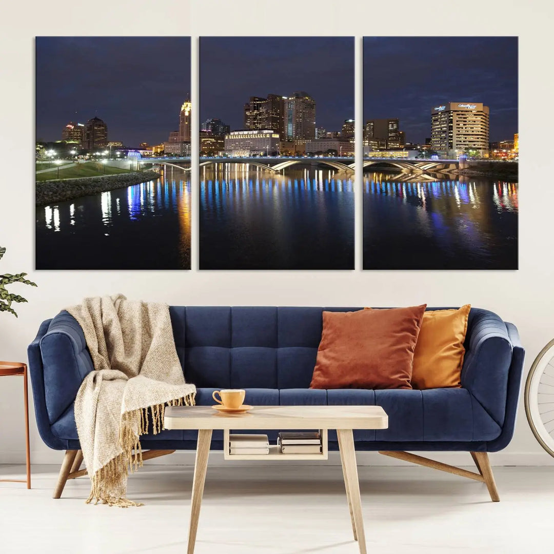 The "Columbus City Lights Night Skyline Cityscape View Wall Art Canvas Print" features a stunning nocturnal cityscape elegantly printed on museum-quality canvases with a UV-protective coating.