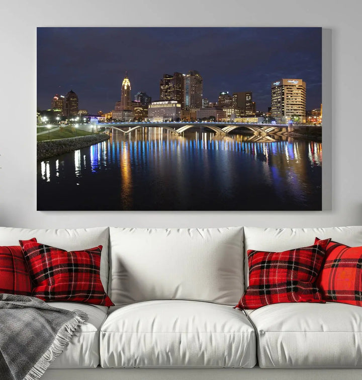 The "Columbus City Lights Night Skyline Cityscape View Wall Art Canvas Print" features a stunning nocturnal cityscape elegantly printed on museum-quality canvases with a UV-protective coating.