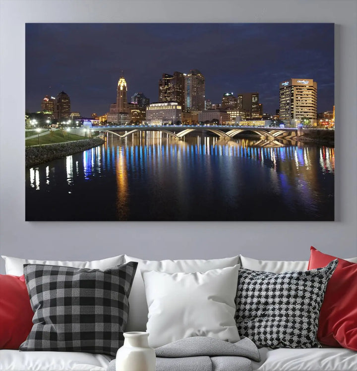 The "Columbus City Lights Night Skyline Cityscape View Wall Art Canvas Print" features a stunning nocturnal cityscape elegantly printed on museum-quality canvases with a UV-protective coating.