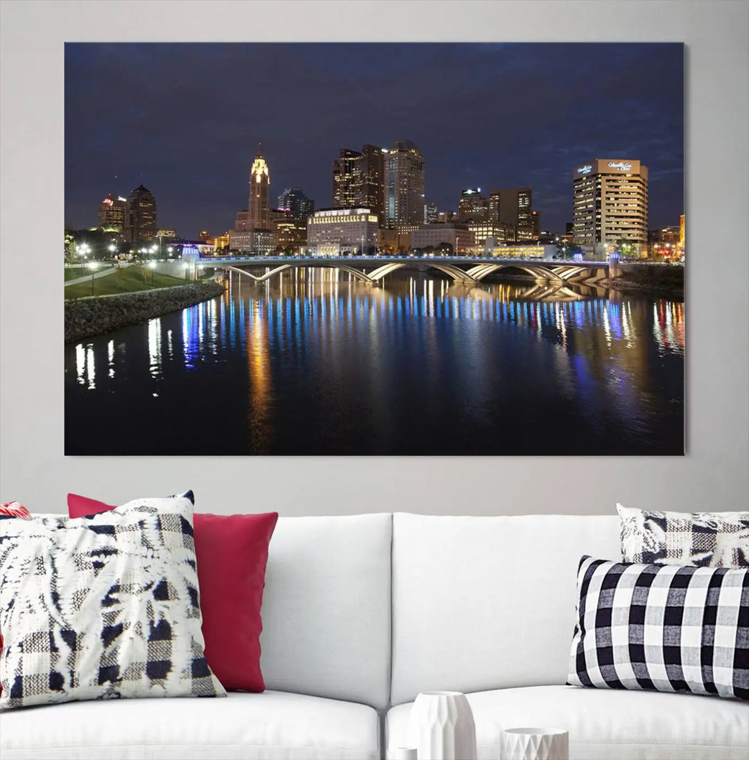 The "Columbus City Lights Night Skyline Cityscape View Wall Art Canvas Print" features a stunning nocturnal cityscape elegantly printed on museum-quality canvases with a UV-protective coating.