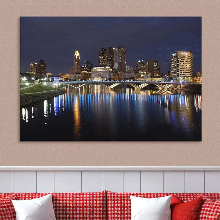 The "Columbus City Lights Night Skyline Cityscape View Wall Art Canvas Print" features a stunning nocturnal cityscape elegantly printed on museum-quality canvases with a UV-protective coating.