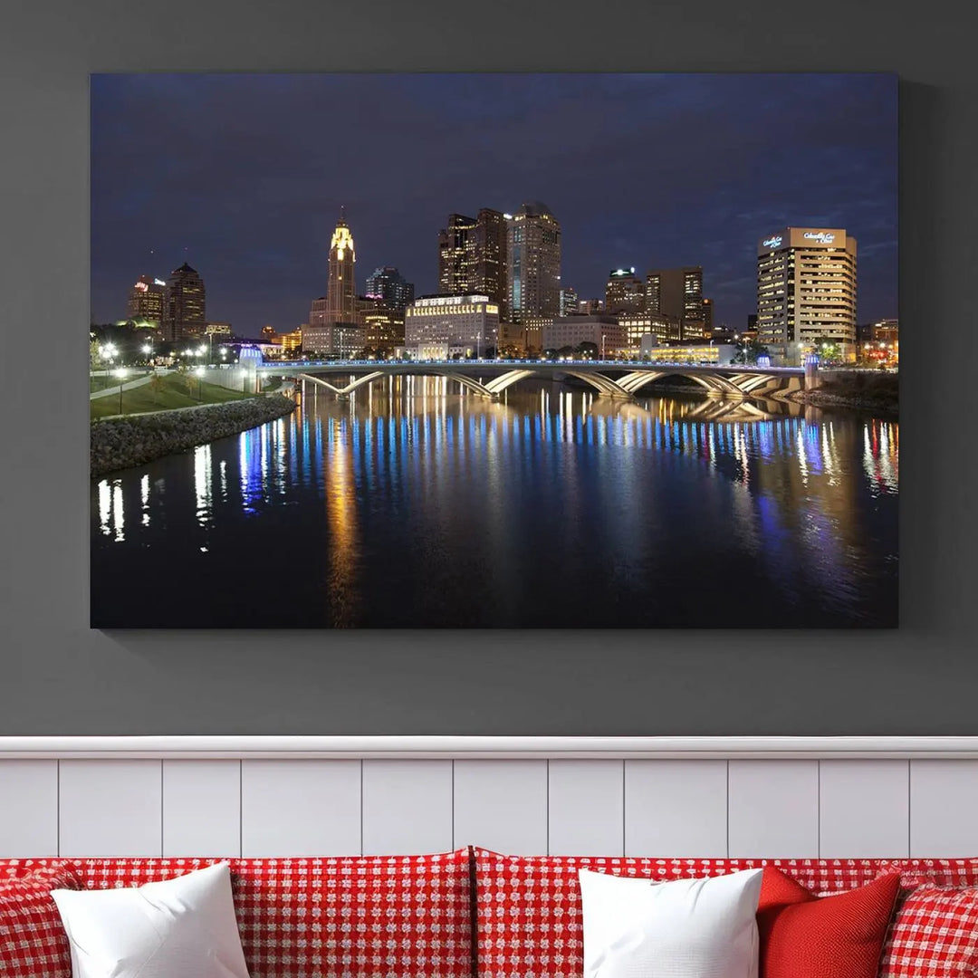 The "Columbus City Lights Night Skyline Cityscape View Wall Art Canvas Print" features a stunning nocturnal cityscape elegantly printed on museum-quality canvases with a UV-protective coating.