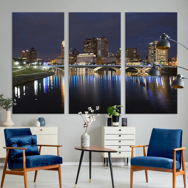 The "Columbus City Lights Night Skyline Cityscape View Wall Art Canvas Print" features a stunning nocturnal cityscape elegantly printed on museum-quality canvases with a UV-protective coating.