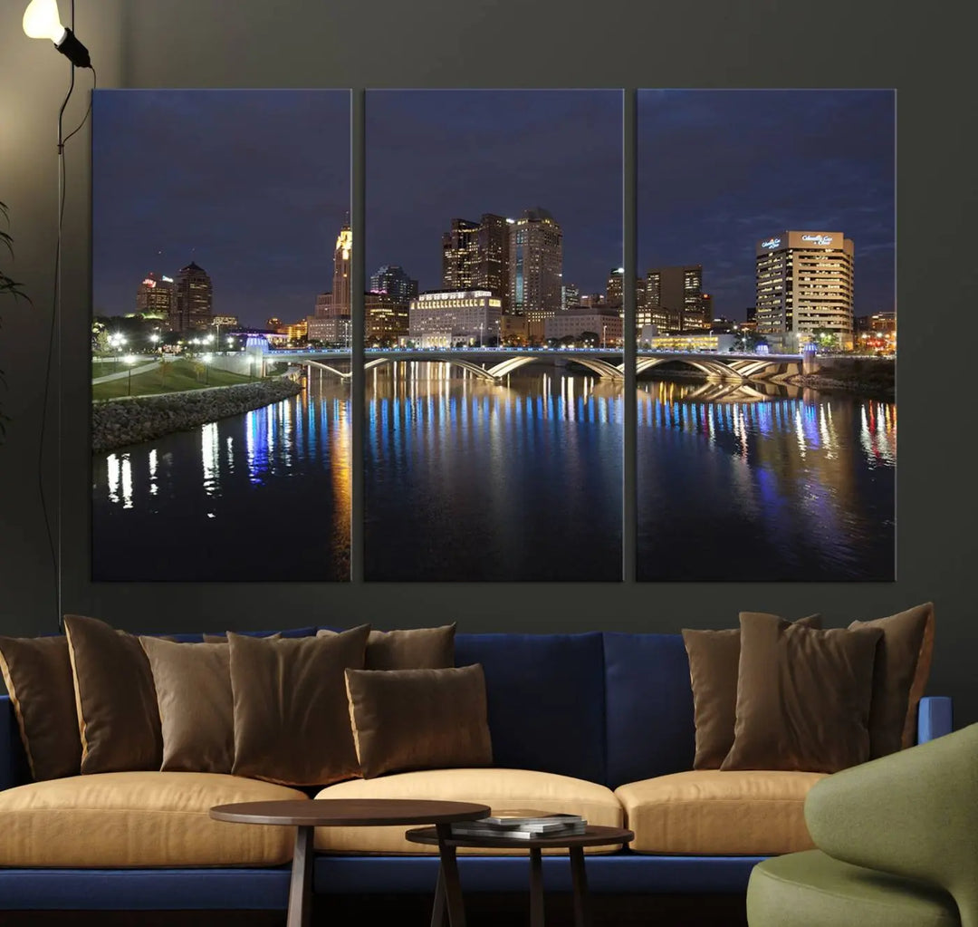 The "Columbus City Lights Night Skyline Cityscape View Wall Art Canvas Print" features a stunning nocturnal cityscape elegantly printed on museum-quality canvases with a UV-protective coating.