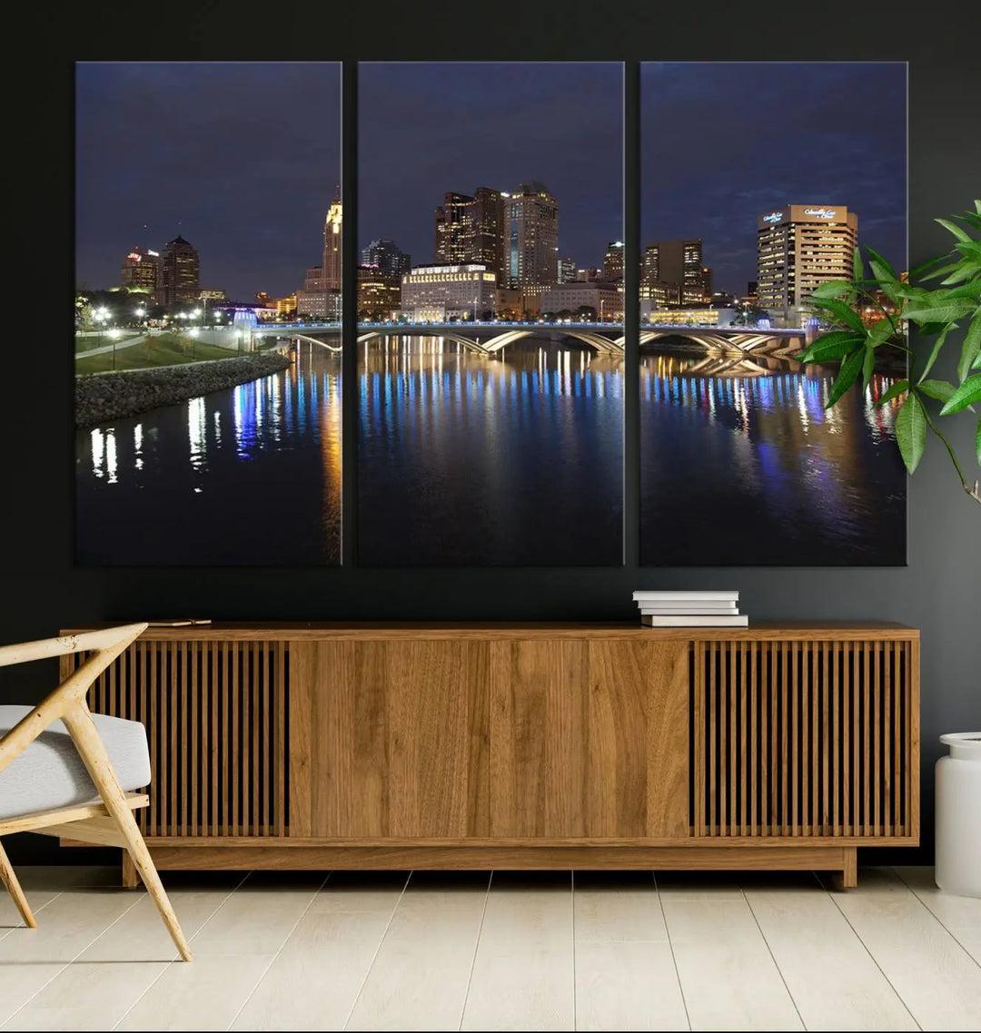 The "Columbus City Lights Night Skyline Cityscape View Wall Art Canvas Print" features a stunning nocturnal cityscape elegantly printed on museum-quality canvases with a UV-protective coating.