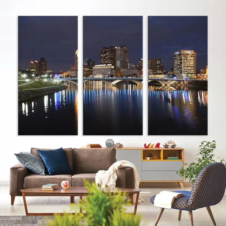 The "Columbus City Lights Night Skyline Cityscape View Wall Art Canvas Print" features a stunning nocturnal cityscape elegantly printed on museum-quality canvases with a UV-protective coating.