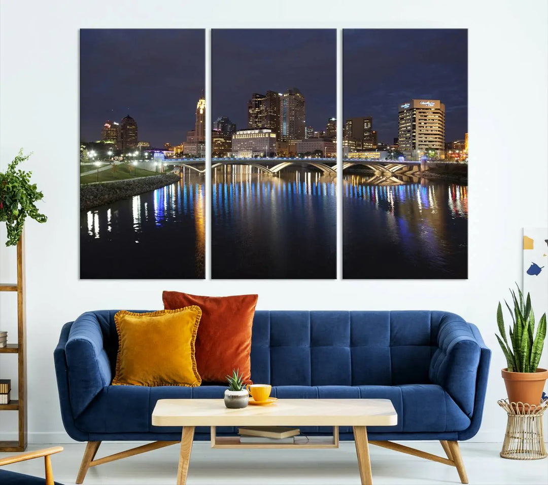 The "Columbus City Lights Night Skyline Cityscape View Wall Art Canvas Print" features a stunning nocturnal cityscape elegantly printed on museum-quality canvases with a UV-protective coating.