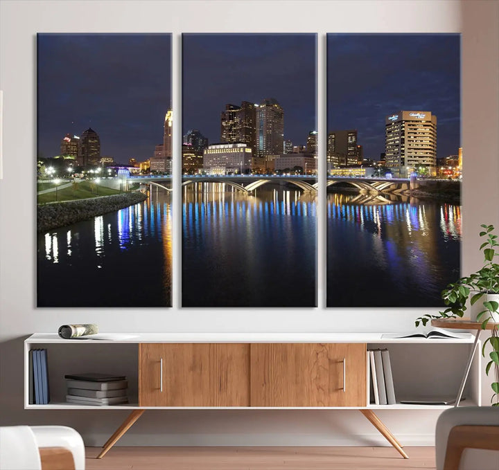 The "Columbus City Lights Night Skyline Cityscape View Wall Art Canvas Print" features a stunning nocturnal cityscape elegantly printed on museum-quality canvases with a UV-protective coating.