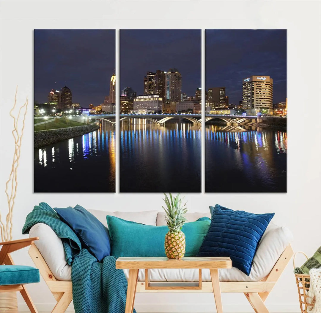 The "Columbus City Lights Night Skyline Cityscape View Wall Art Canvas Print" features a stunning nocturnal cityscape elegantly printed on museum-quality canvases with a UV-protective coating.