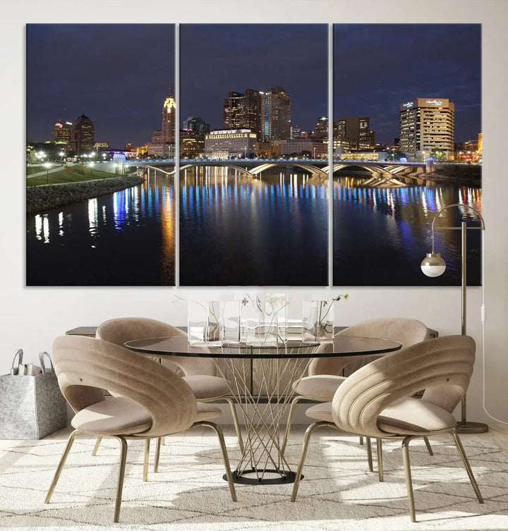 The "Columbus City Lights Night Skyline Cityscape View Wall Art Canvas Print" features a stunning nocturnal cityscape elegantly printed on museum-quality canvases with a UV-protective coating.