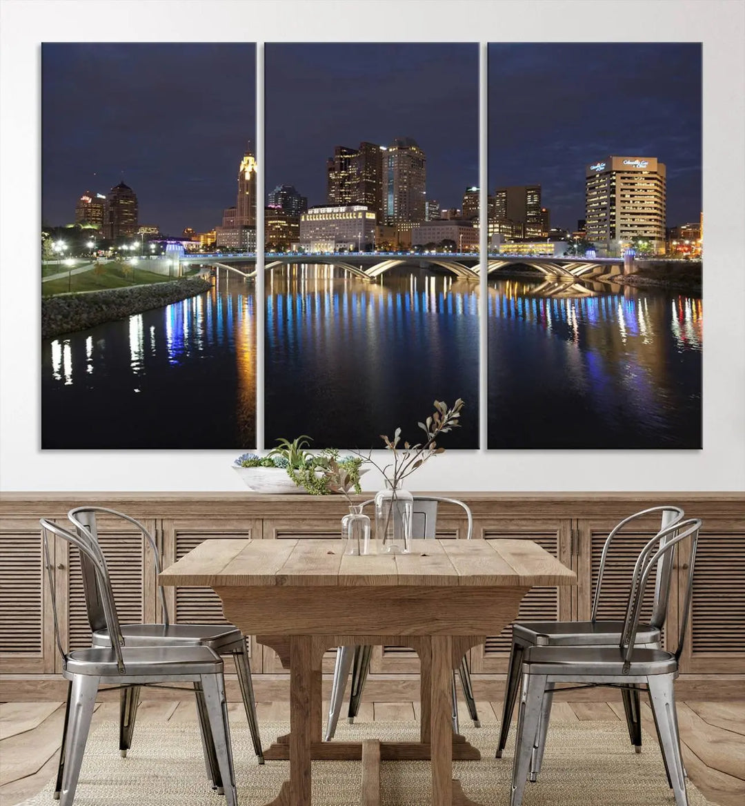 The "Columbus City Lights Night Skyline Cityscape View Wall Art Canvas Print" features a stunning nocturnal cityscape elegantly printed on museum-quality canvases with a UV-protective coating.