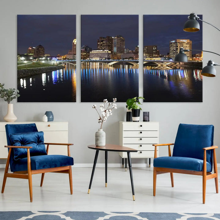 The "Columbus City Lights Night Skyline Cityscape View Wall Art Canvas Print" features a stunning nocturnal cityscape elegantly printed on museum-quality canvases with a UV-protective coating.