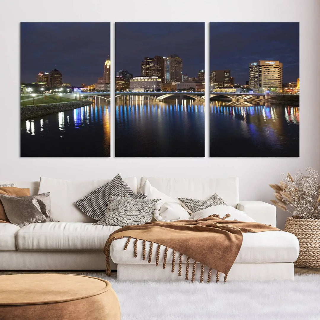 The "Columbus City Lights Night Skyline Cityscape View Wall Art Canvas Print" features a stunning nocturnal cityscape elegantly printed on museum-quality canvases with a UV-protective coating.