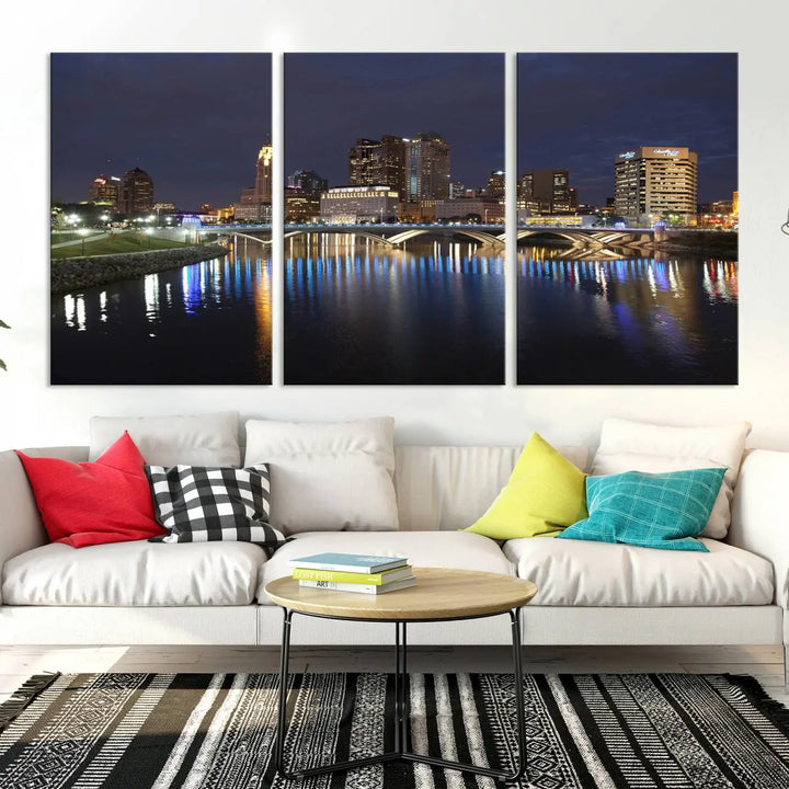 The "Columbus City Lights Night Skyline Cityscape View Wall Art Canvas Print" features a stunning nocturnal cityscape elegantly printed on museum-quality canvases with a UV-protective coating.