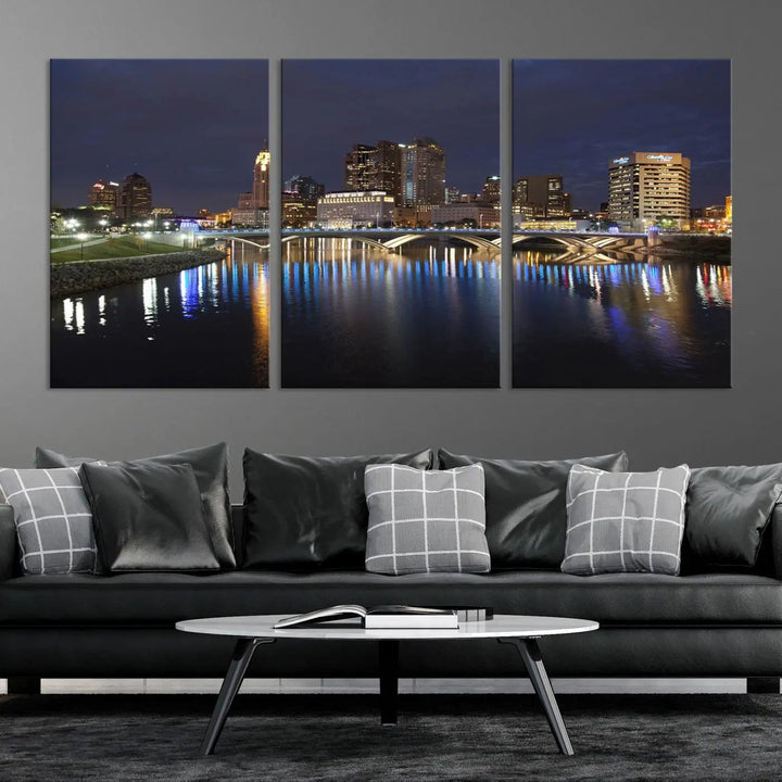 The "Columbus City Lights Night Skyline Cityscape View Wall Art Canvas Print" features a stunning nocturnal cityscape elegantly printed on museum-quality canvases with a UV-protective coating.