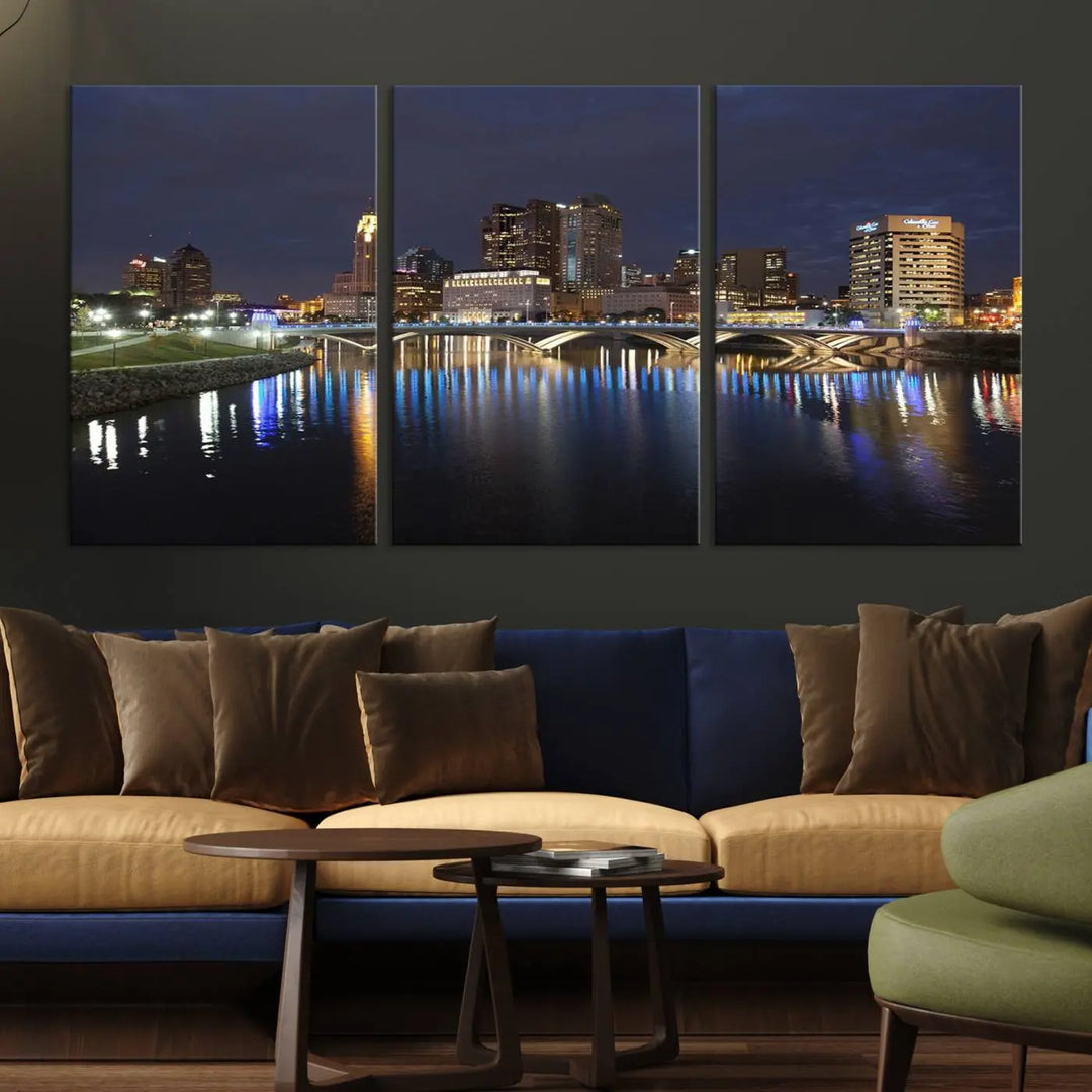 The "Columbus City Lights Night Skyline Cityscape View Wall Art Canvas Print" features a stunning nocturnal cityscape elegantly printed on museum-quality canvases with a UV-protective coating.