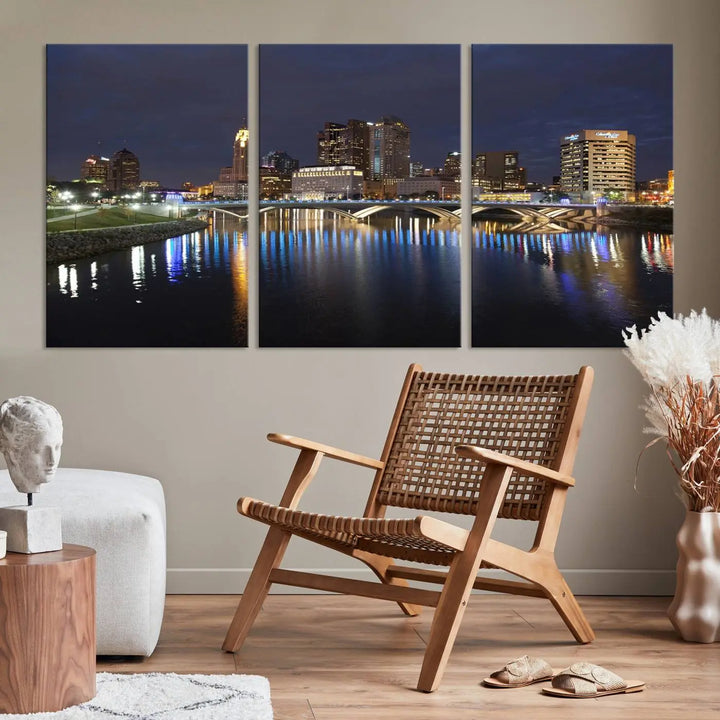 The "Columbus City Lights Night Skyline Cityscape View Wall Art Canvas Print" features a stunning nocturnal cityscape elegantly printed on museum-quality canvases with a UV-protective coating.