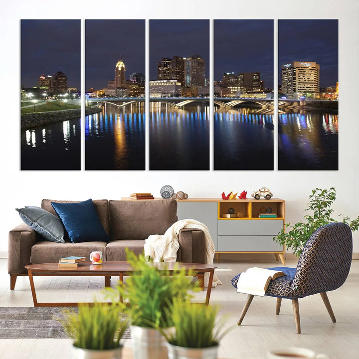 The "Columbus City Lights Night Skyline Cityscape View Wall Art Canvas Print" features a stunning nocturnal cityscape elegantly printed on museum-quality canvases with a UV-protective coating.