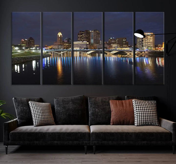 The "Columbus City Lights Night Skyline Cityscape View Wall Art Canvas Print" features a stunning nocturnal cityscape elegantly printed on museum-quality canvases with a UV-protective coating.