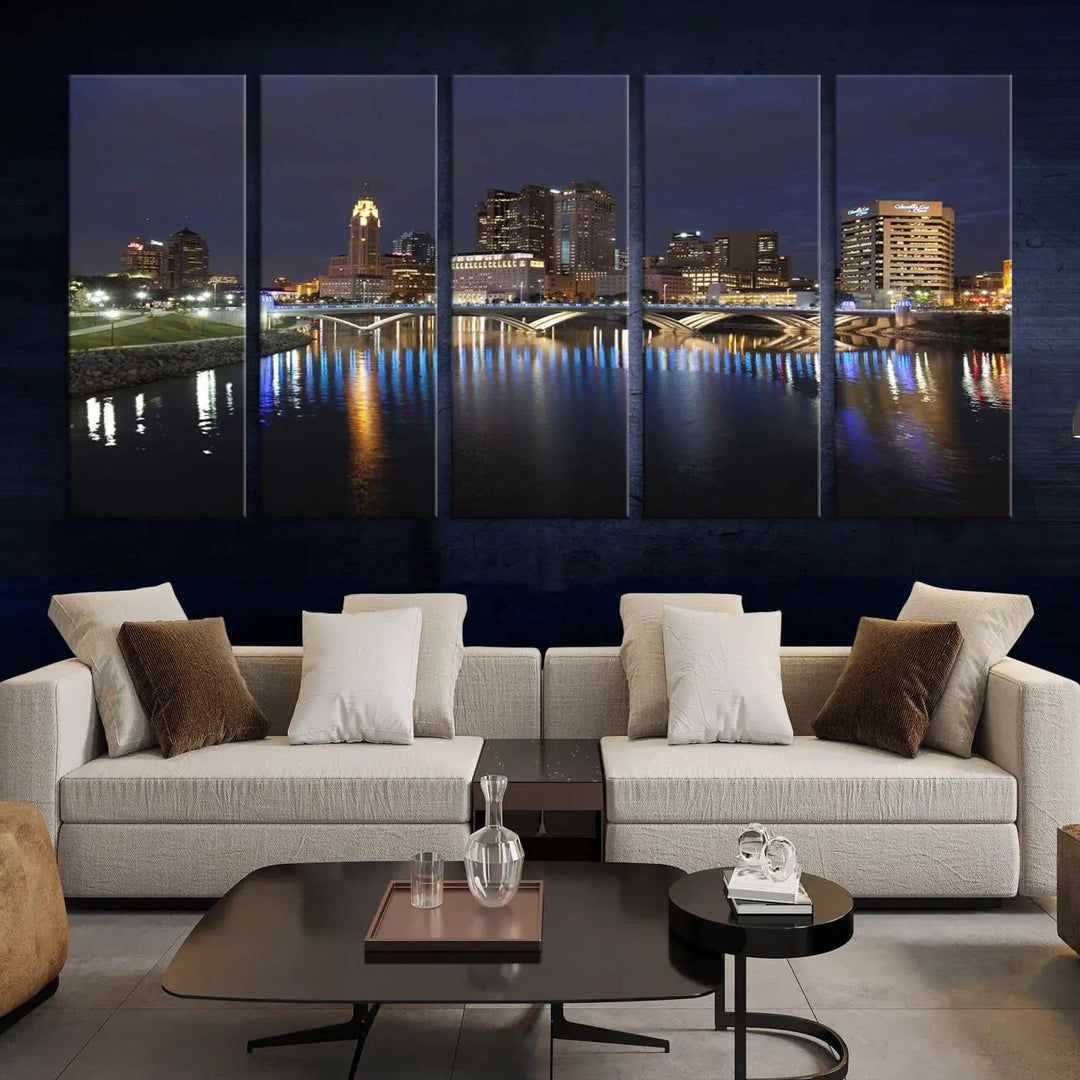 The "Columbus City Lights Night Skyline Cityscape View Wall Art Canvas Print" features a stunning nocturnal cityscape elegantly printed on museum-quality canvases with a UV-protective coating.