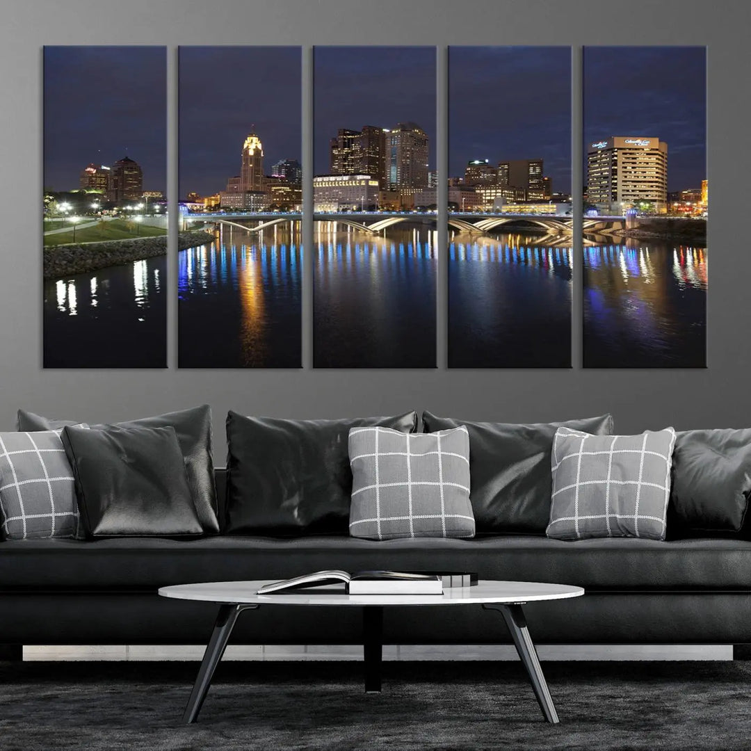 The "Columbus City Lights Night Skyline Cityscape View Wall Art Canvas Print" features a stunning nocturnal cityscape elegantly printed on museum-quality canvases with a UV-protective coating.