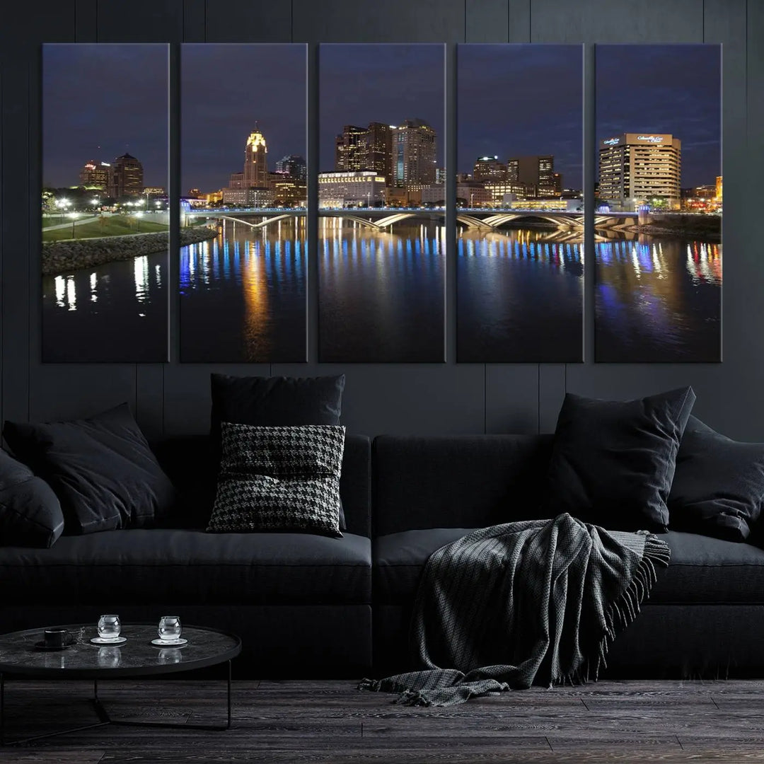 The "Columbus City Lights Night Skyline Cityscape View Wall Art Canvas Print" features a stunning nocturnal cityscape elegantly printed on museum-quality canvases with a UV-protective coating.