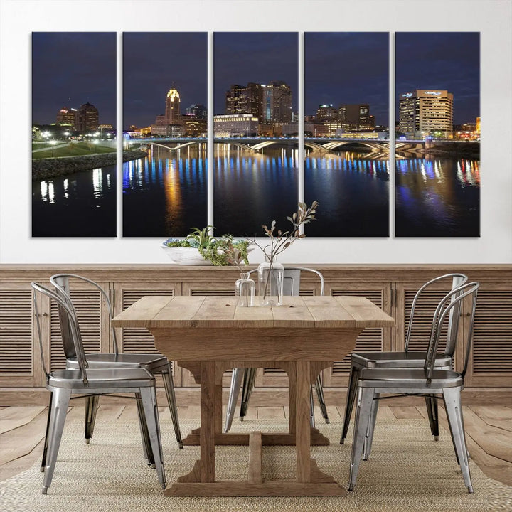 The "Columbus City Lights Night Skyline Cityscape View Wall Art Canvas Print" features a stunning nocturnal cityscape elegantly printed on museum-quality canvases with a UV-protective coating.