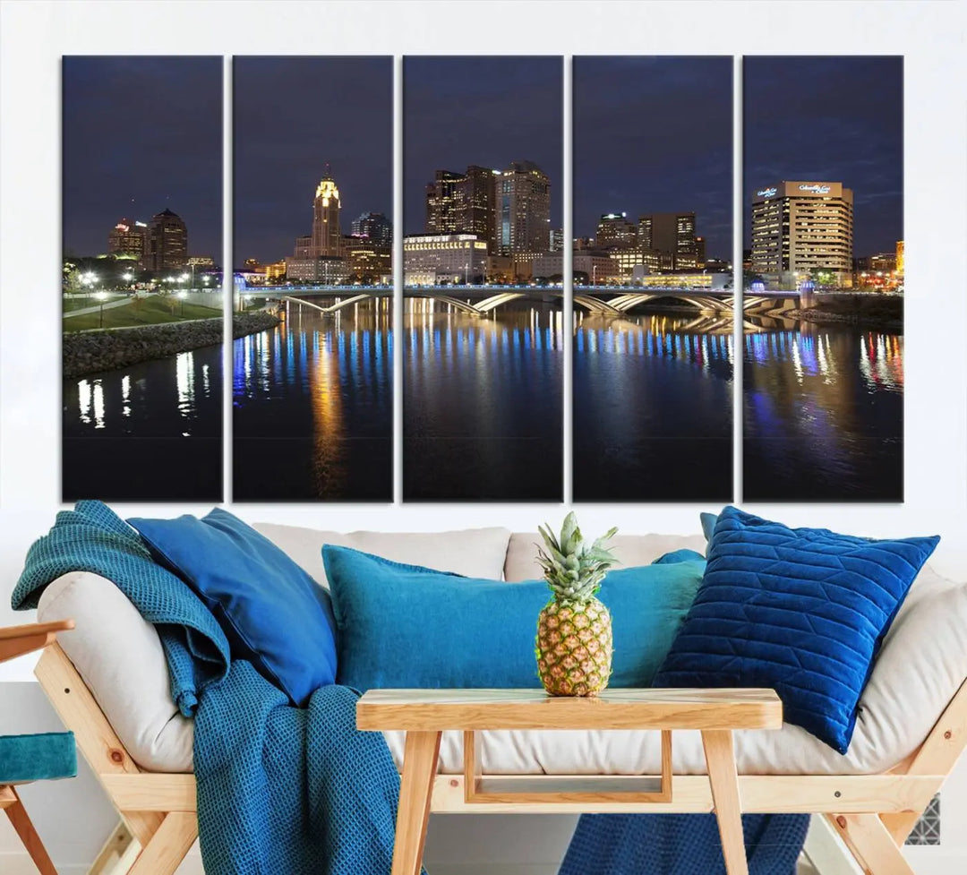 The "Columbus City Lights Night Skyline Cityscape View Wall Art Canvas Print" features a stunning nocturnal cityscape elegantly printed on museum-quality canvases with a UV-protective coating.