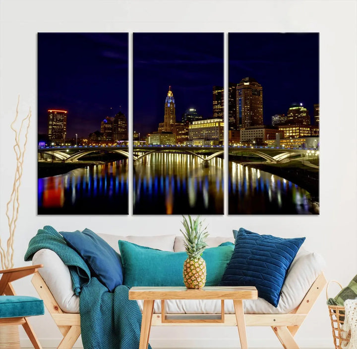 The "Columbus City Lights Night Skyline Cityscape View Wall Art Canvas Print" showcases a stunning city skyline at night, with illuminated buildings and bridges reflecting in the river, on a museum-quality canvas ready to hang.