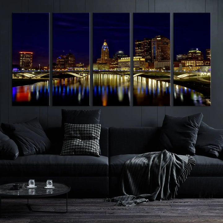 The "Columbus City Lights Night Skyline Cityscape View Wall Art Canvas Print" showcases a stunning city skyline at night, with illuminated buildings and bridges reflecting in the river, on a museum-quality canvas ready to hang.