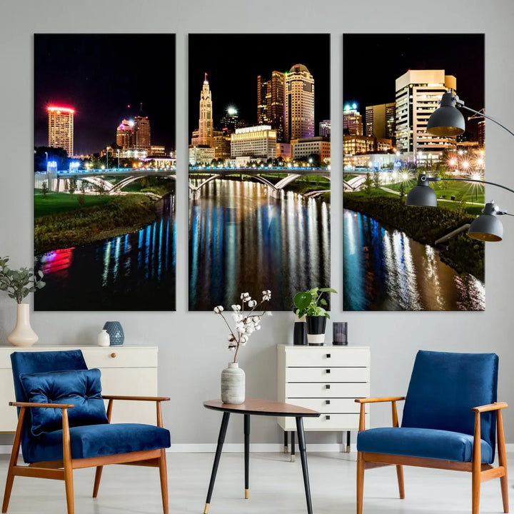 A triptych of the Columbus City Lights Night Skyline Cityscape View Wall Art Canvas Print is displayed, serving as a striking focal point in the room.