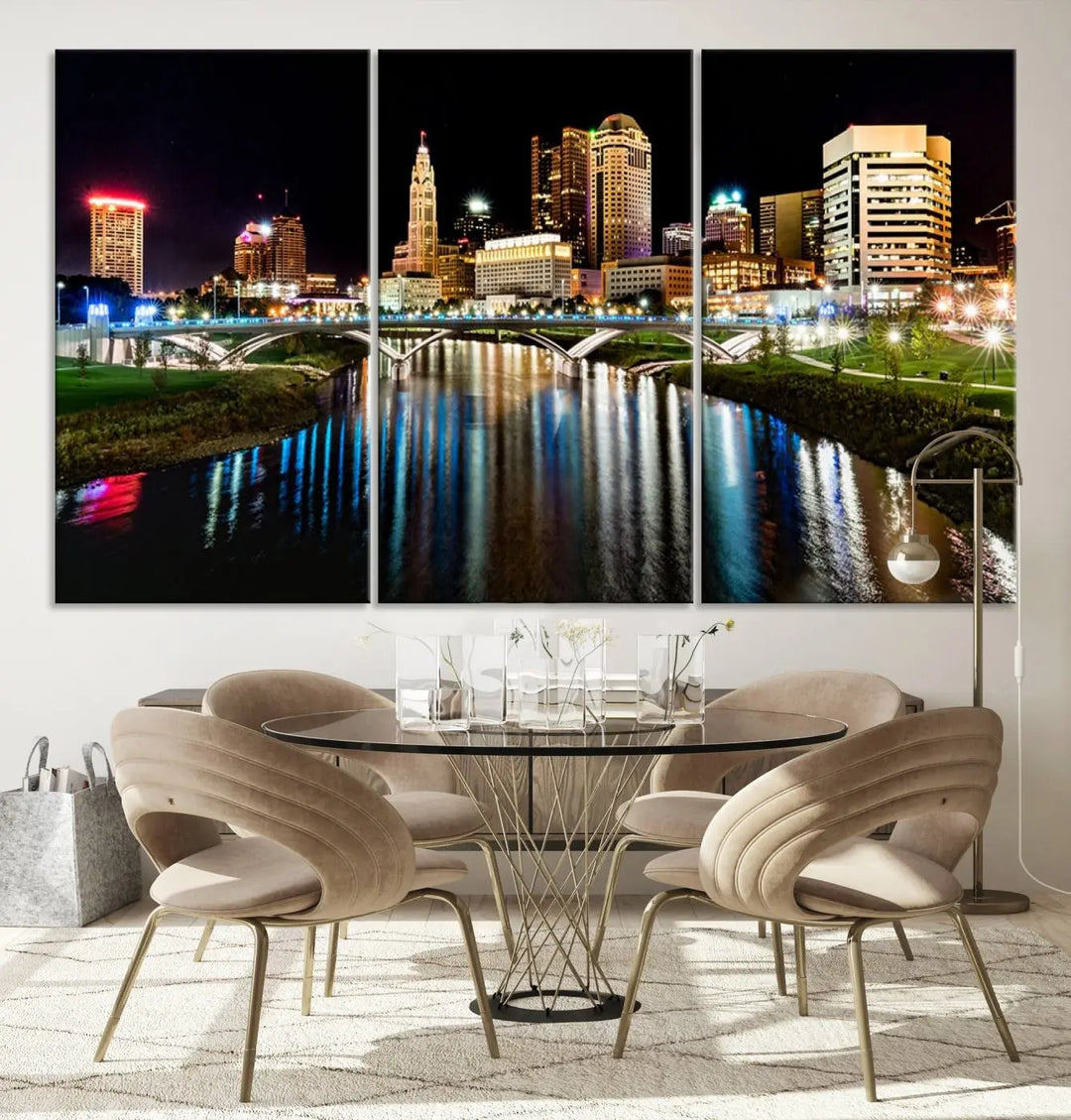 A triptych of the Columbus City Lights Night Skyline Cityscape View Wall Art Canvas Print is displayed, serving as a striking focal point in the room.