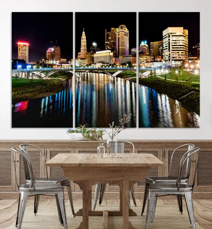 A triptych of the Columbus City Lights Night Skyline Cityscape View Wall Art Canvas Print is displayed, serving as a striking focal point in the room.