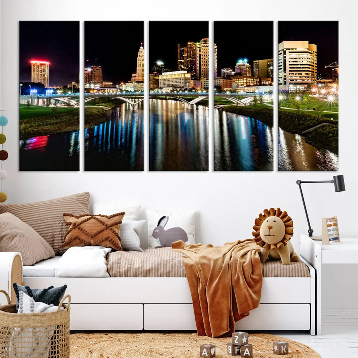 A triptych of the Columbus City Lights Night Skyline Cityscape View Wall Art Canvas Print is displayed, serving as a striking focal point in the room.