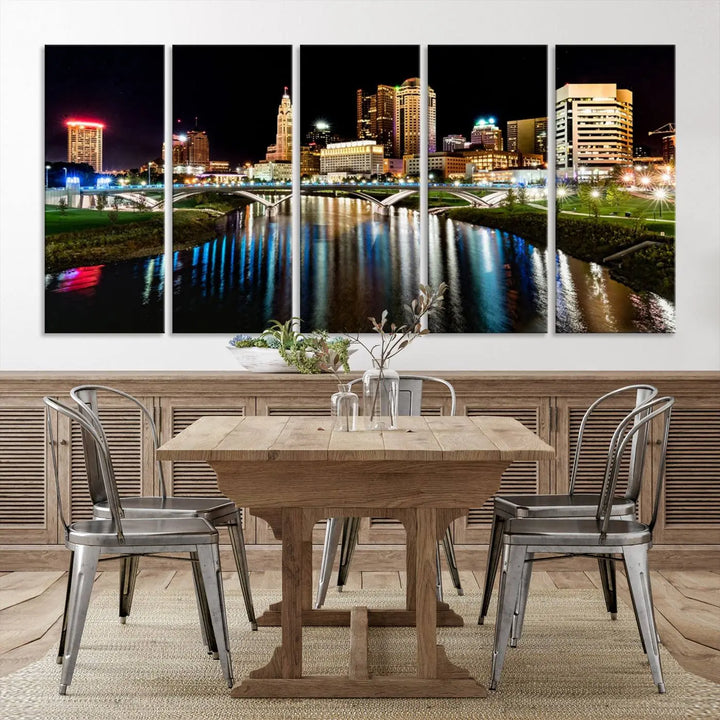 A triptych of the Columbus City Lights Night Skyline Cityscape View Wall Art Canvas Print is displayed, serving as a striking focal point in the room.