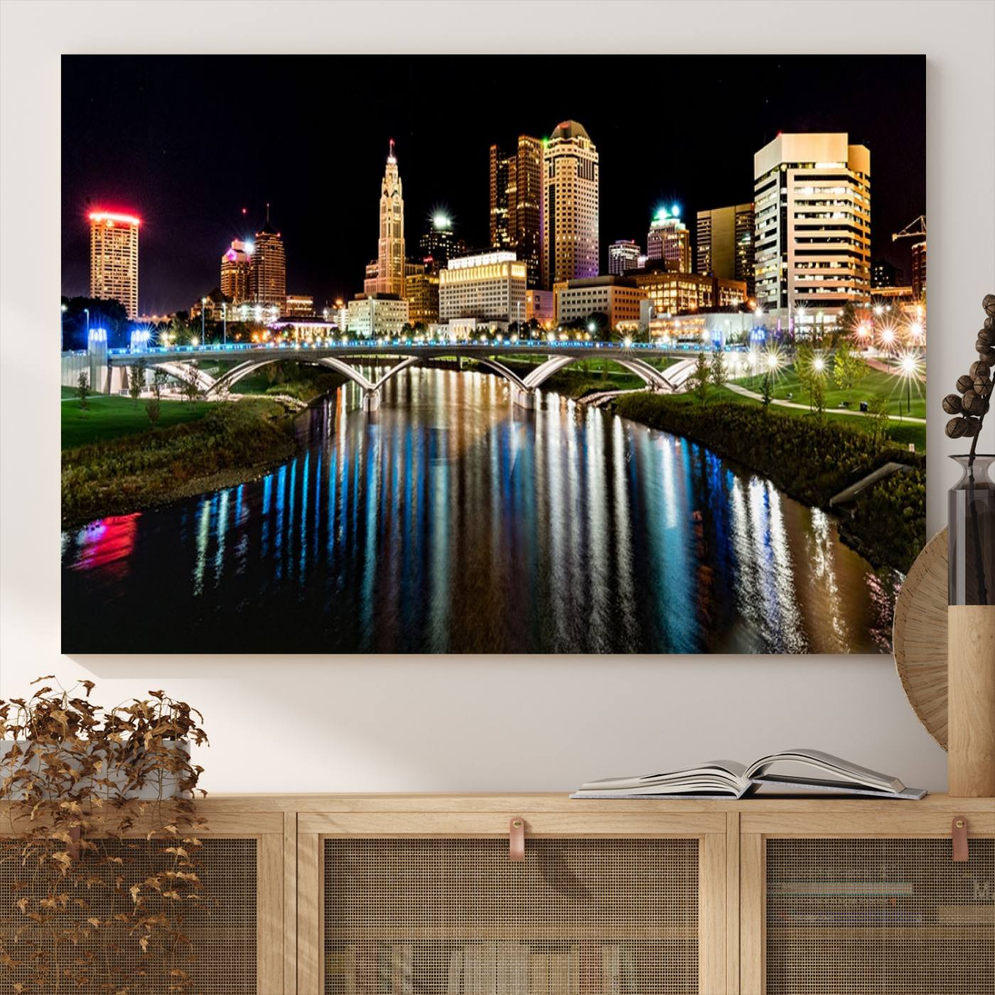 Columbus City Lights Night Skyline Cityscape View Wall Art, Columbus City Lights Night Wall Art Canvas Print