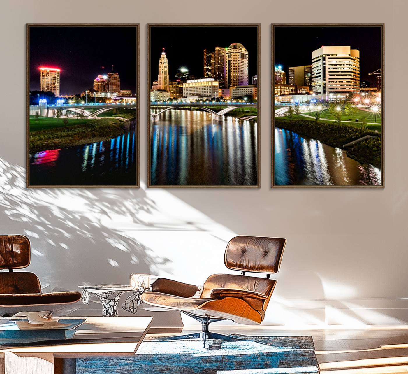 35748-MGV-FC-60X30-3P_Walnut-Columbus City Lights Night Skyline Cityscape View Wall Art, Columbus City Lights Night Wall Art