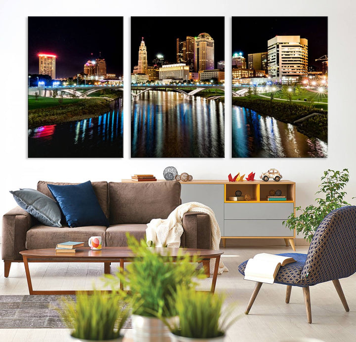 Columbus City Lights Night Skyline Cityscape View Wall Art, Columbus City Lights Night Wall Art Canvas Print