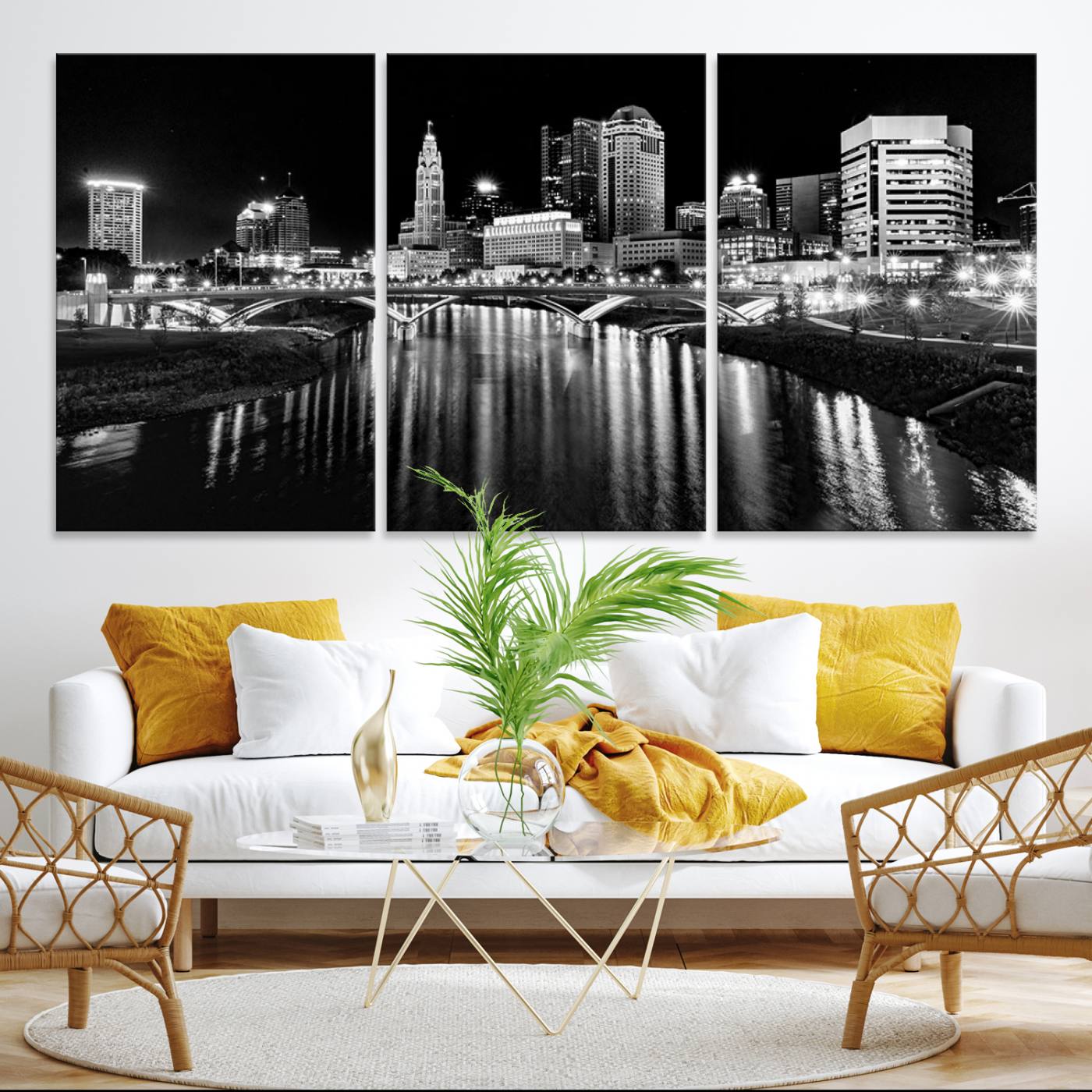 Columbus City Lights Skyline Black and White Wall Art Cityscape Canvas, Framed Columbus City Lights Skyline Canvas Print